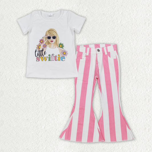 Baby Girls Littler Singer Flowers Shirt Top Stripes Denim Jeans Pants Clothes Sets
