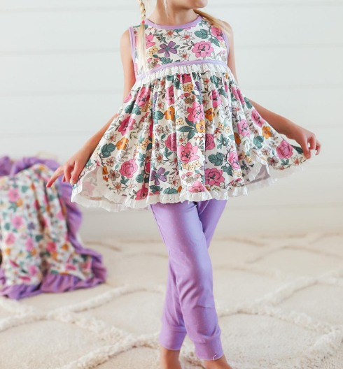 Baby Girls Purple Flowers Top Legging Pants Clothes Sets Preorder