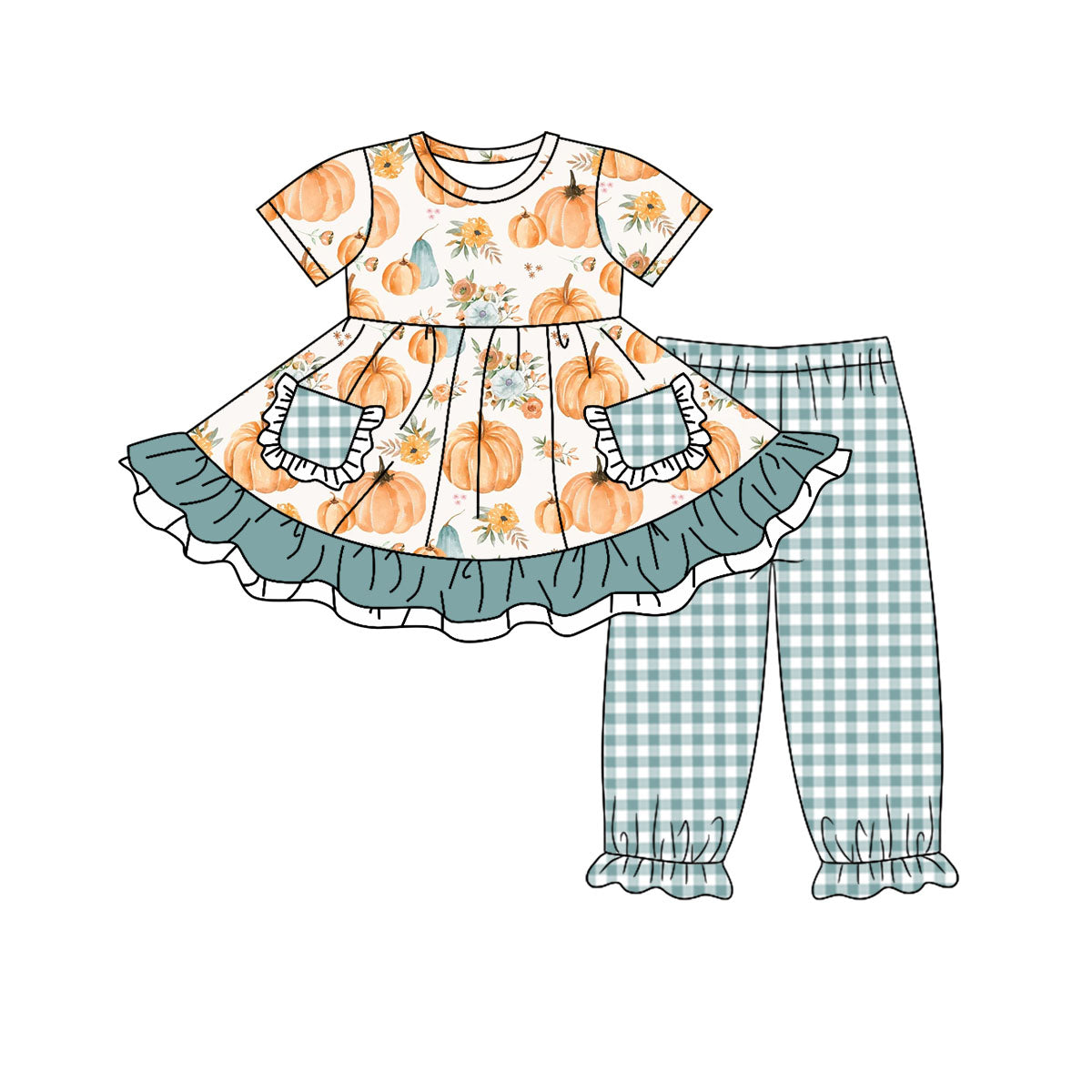 Baby Girls Pumpkin Flowers Pockets Tunic Pants Clothes Sets Preorder