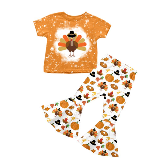 Baby Girls Thanksgiving Turkey Top Leaves Bell Pants Clothes Sets Preorder