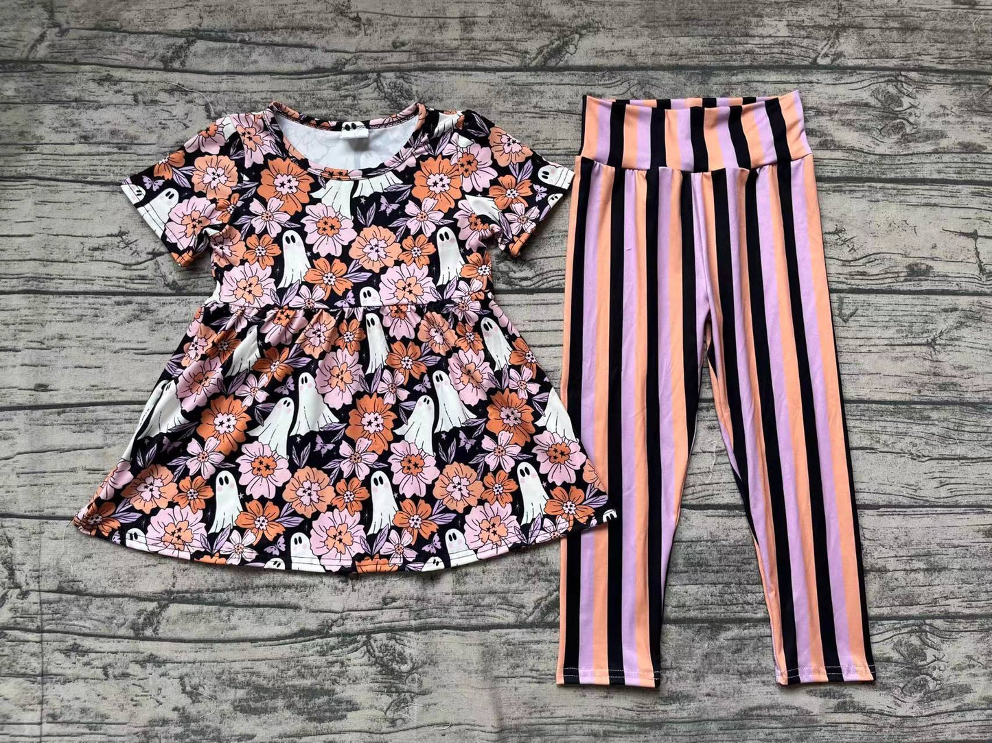 Baby Girls Halloween Orange Ghost Flowers Tunic Legging Clothes Sets