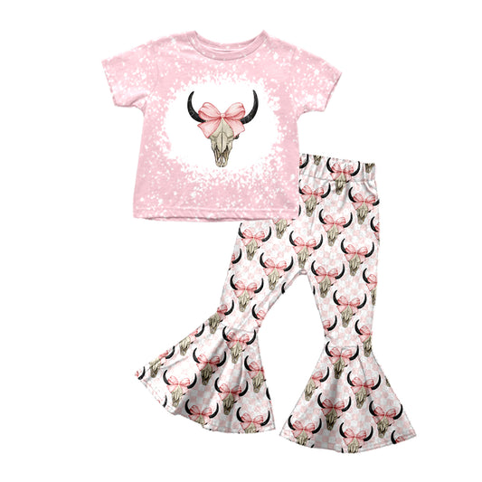 Baby Girls Western Cow Skull Bow Shirt Bell Pants Clothes Sets Preorder