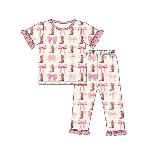 Baby Girls Western Pink Bows Boots Tee Pants Pajamas Clothes Sets Preorder