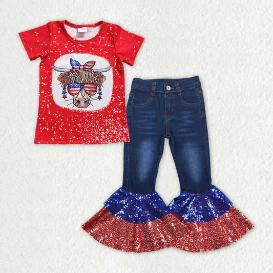 Baby Girls July Cow Shirt Top Sequin Denim Jeans Pants Clothes Sets