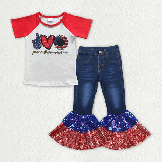 Baby Girls Peace Love America Shirt Top Sequin Denim Jeans Pants Clothes Sets