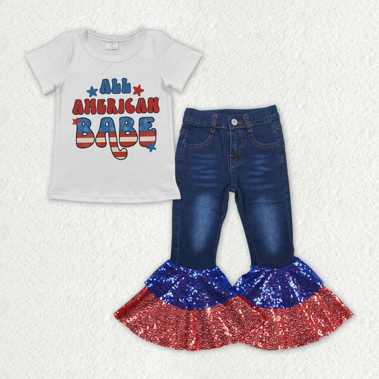 Baby Girls All American Babe Shirt Top Sequin Denim Jeans Pants Clothes Sets
