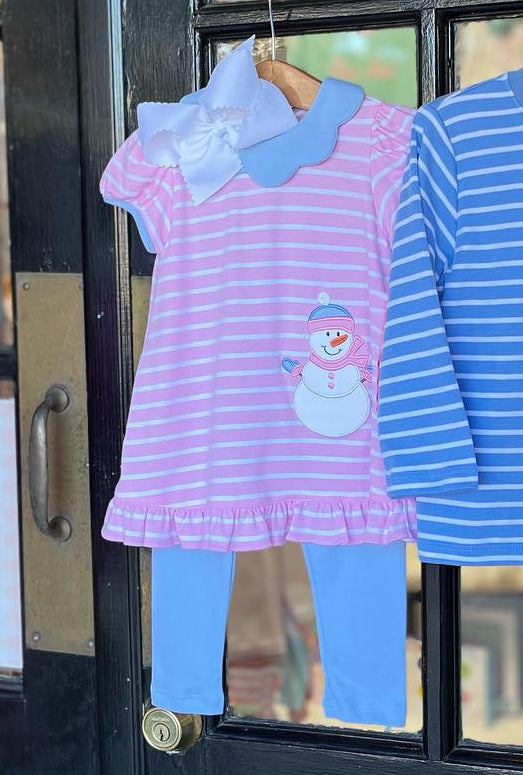 Baby Girls Pink Stripes Snowman Tunic Top Legging Clothes Sets Preorder