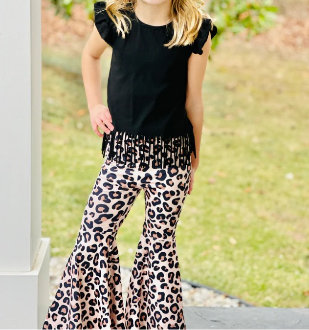 Baby Girls Black Tassel Top Leopard Bell Pants Clothes Sets Preorder