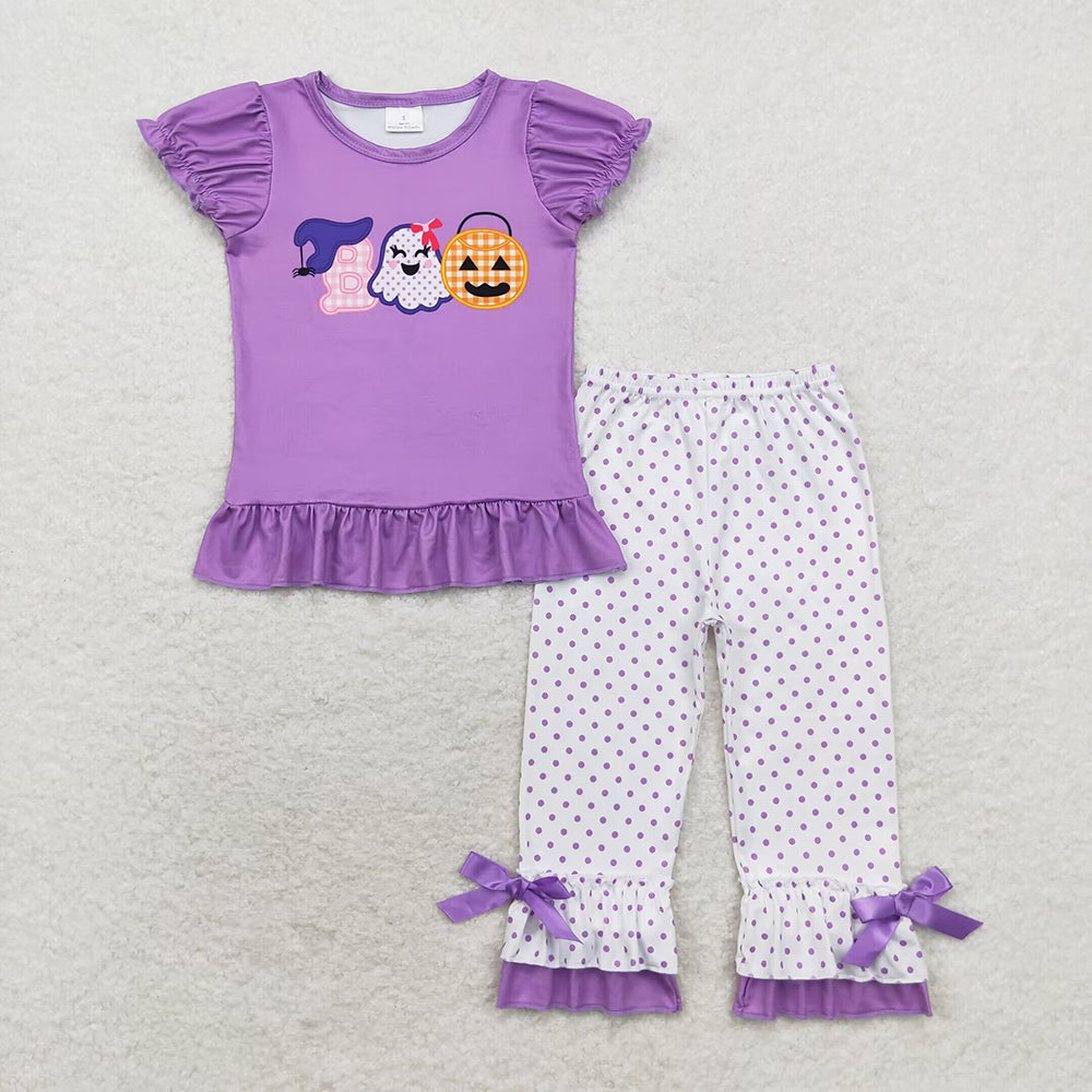 Baby Girls Purple Halloween Pumpkin Top Ruffle Pants Clothes Sets