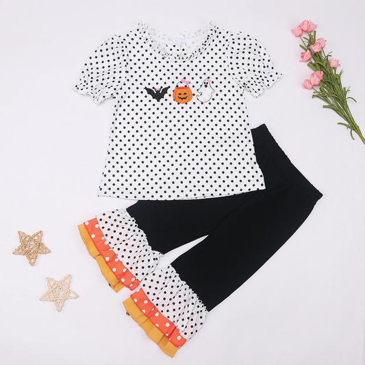 Baby Girls Halloween Dots Ghost Top Ruffle Pants Clothes Sets Preorder