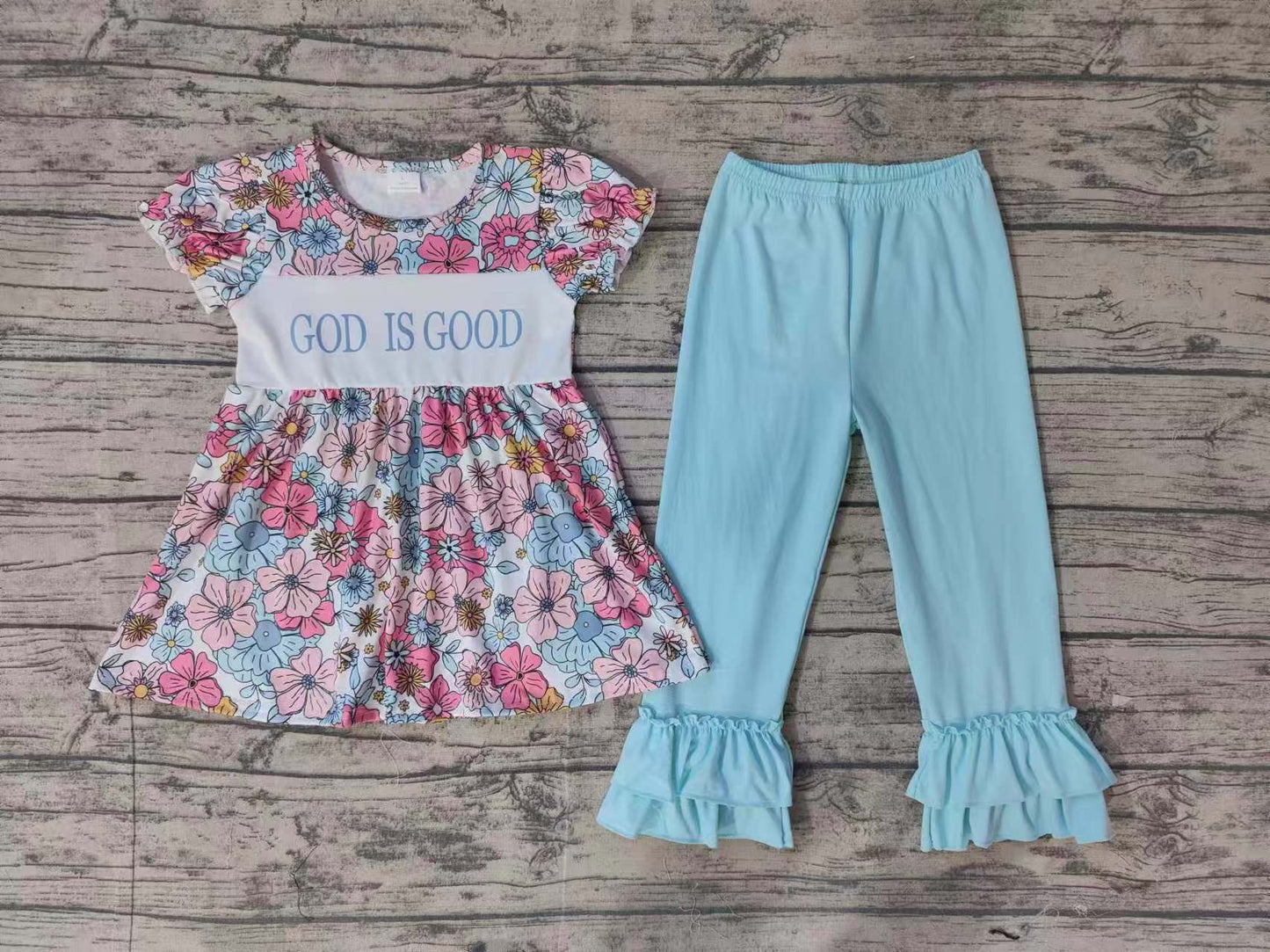 Baby Girls God Is Good Flowers Tunic Ruffle Pants Clothes Sets