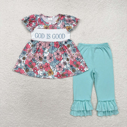 Baby Girls God Is Good Flowers Tunic Ruffle Pants Clothes Sets