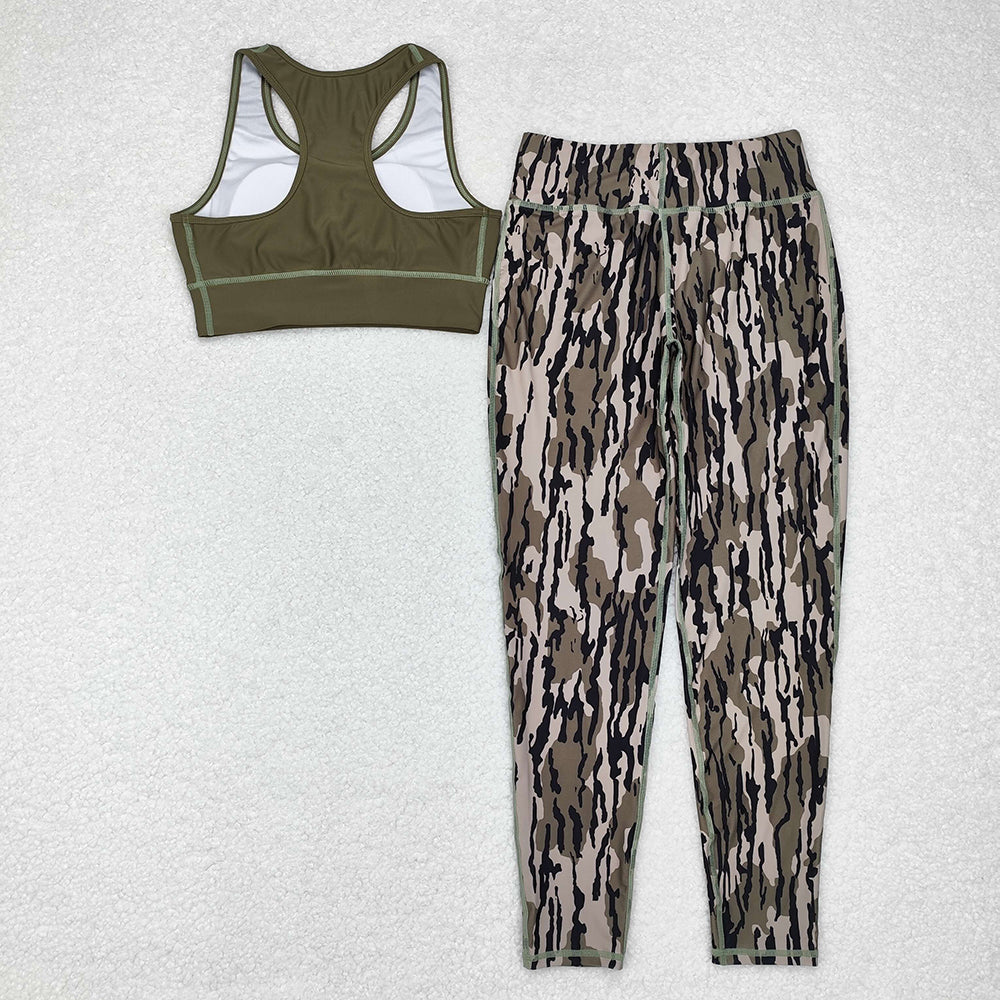 Adult Women Green Vest Top Camo Branches Pants Yoga Sports Clothes Sets