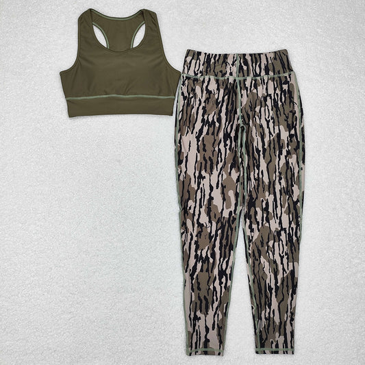 Adult Women Green Vest Top Camo Branches Pants Yoga Sports Clothes Sets