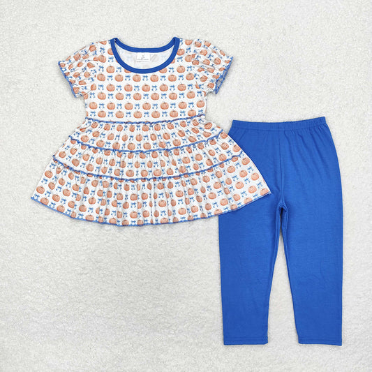 Baby Girls Fall Pumpkins Bows Tunic Top Blue Pants Clothes Sets