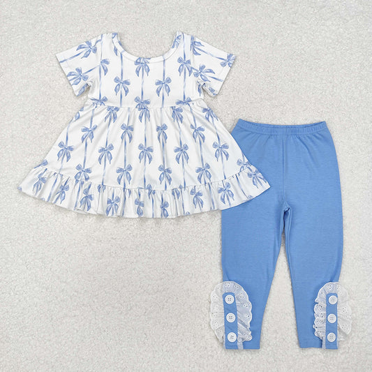 Baby Girls Blue Bows Ruffle Top Legging Clothes Sets