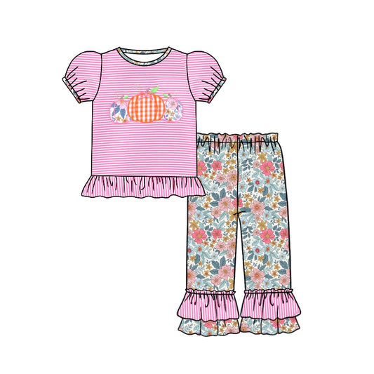 Baby Girls Pink Stripes Pumpkins Top Floral Pants Clothes Sets Preorder