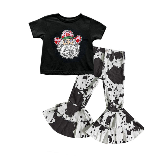 Baby Girls Western Santa Shirt Cow Print Bell Denim Pants clothes preorder