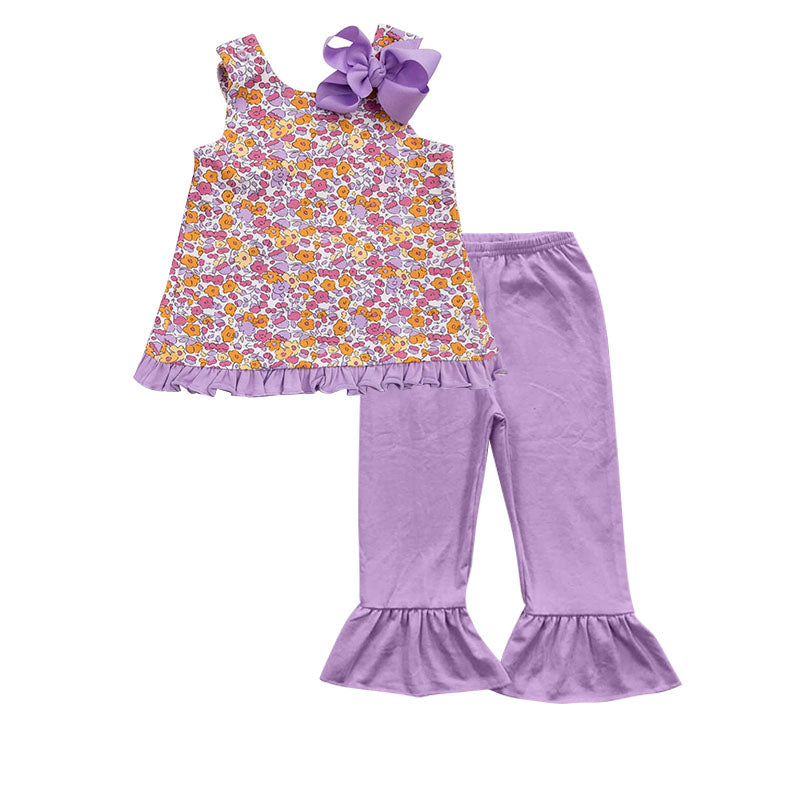 Baby Girls Purple Flowers Top Ruffle Pants Clothes Sets Preorder