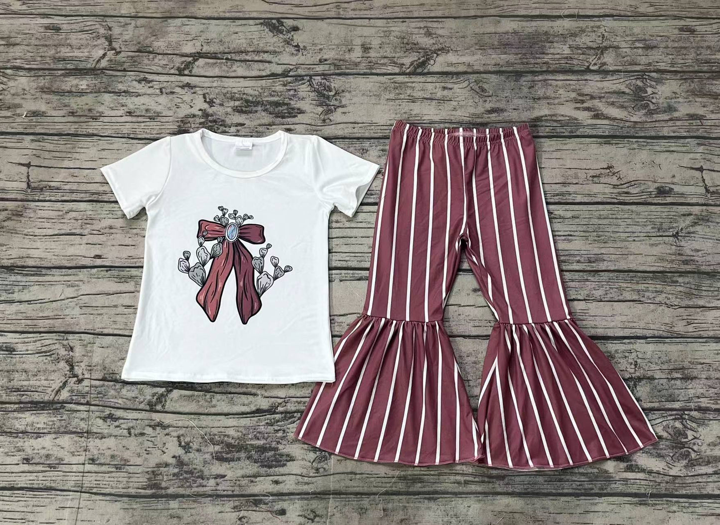 Baby Girls Western Bow Cactus Shirt Stripes Bell Pants Clothes Sets