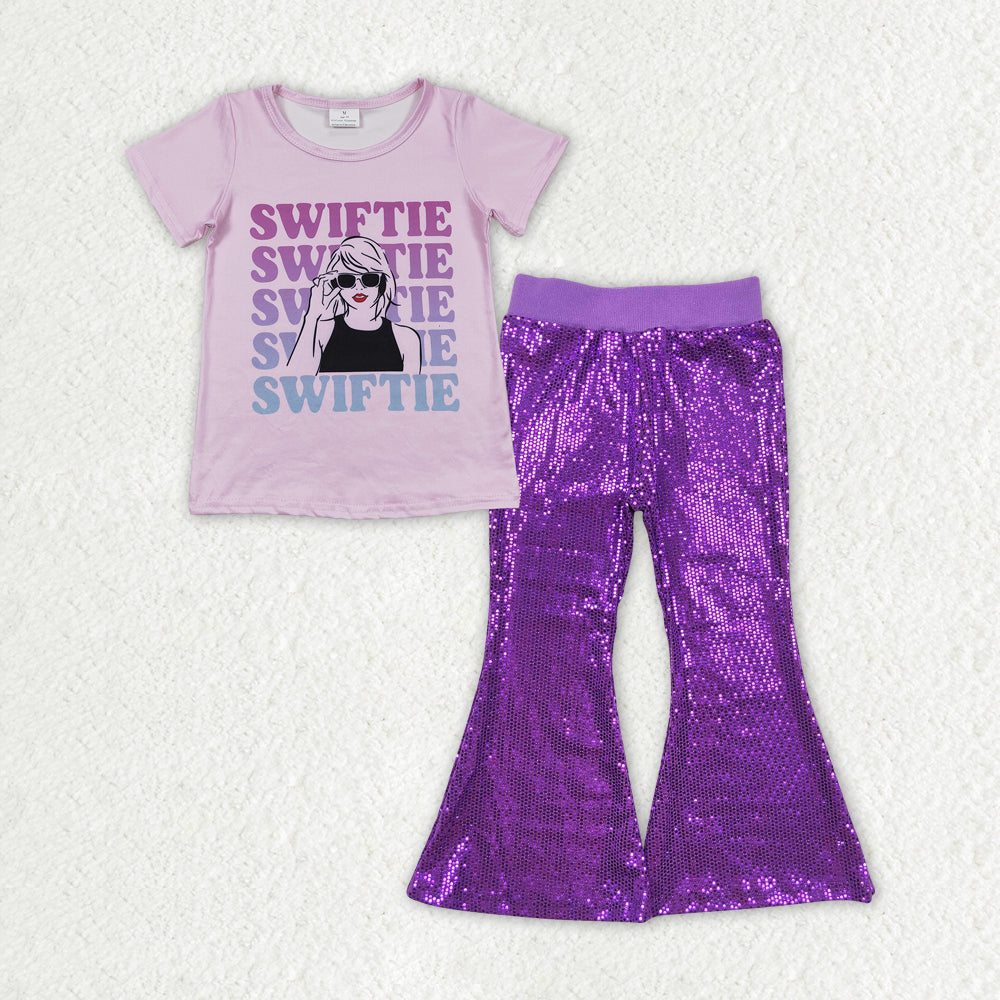 Baby Girls Singer Shirt Purple Sequin Flare Pants Clothes Sets