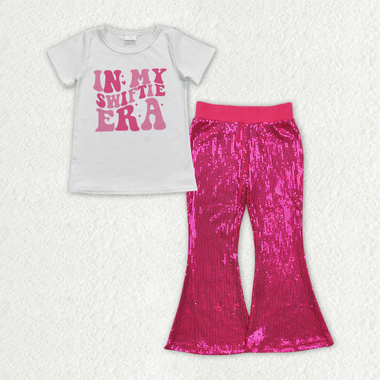 Baby Girls Singer Era Shirt Dark Pink Sequin Flare Pants Clothes Sets