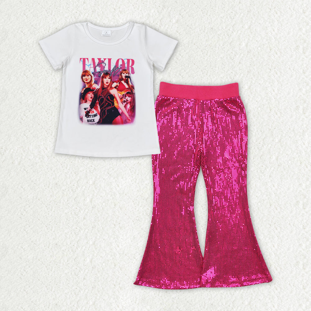 Baby Girls Singer Shirt Dark Pink Sequin Flare Pants Clothes Sets