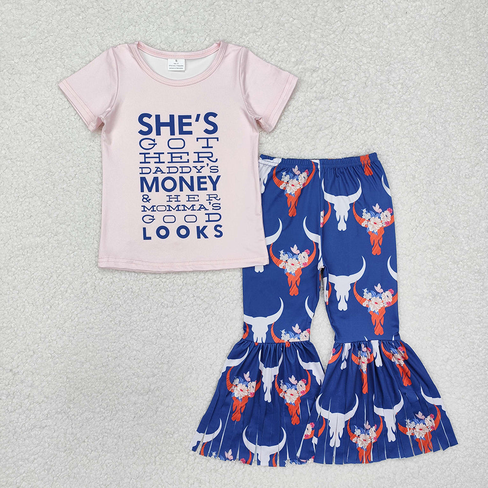 Baby Girls Western Pink Top Cow Bell Pants Clothes Sets