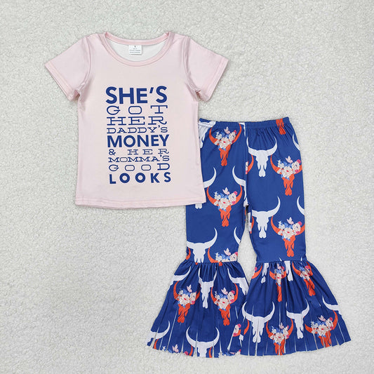Baby Girls Western Pink Top Cow Bell Pants Clothes Sets