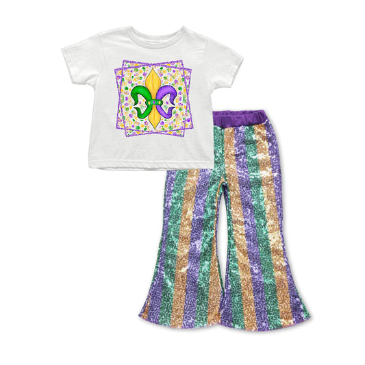 Baby Girls Mardi Gras Anchor Tops Sequin Bell Pants Clothes Sets Preorder