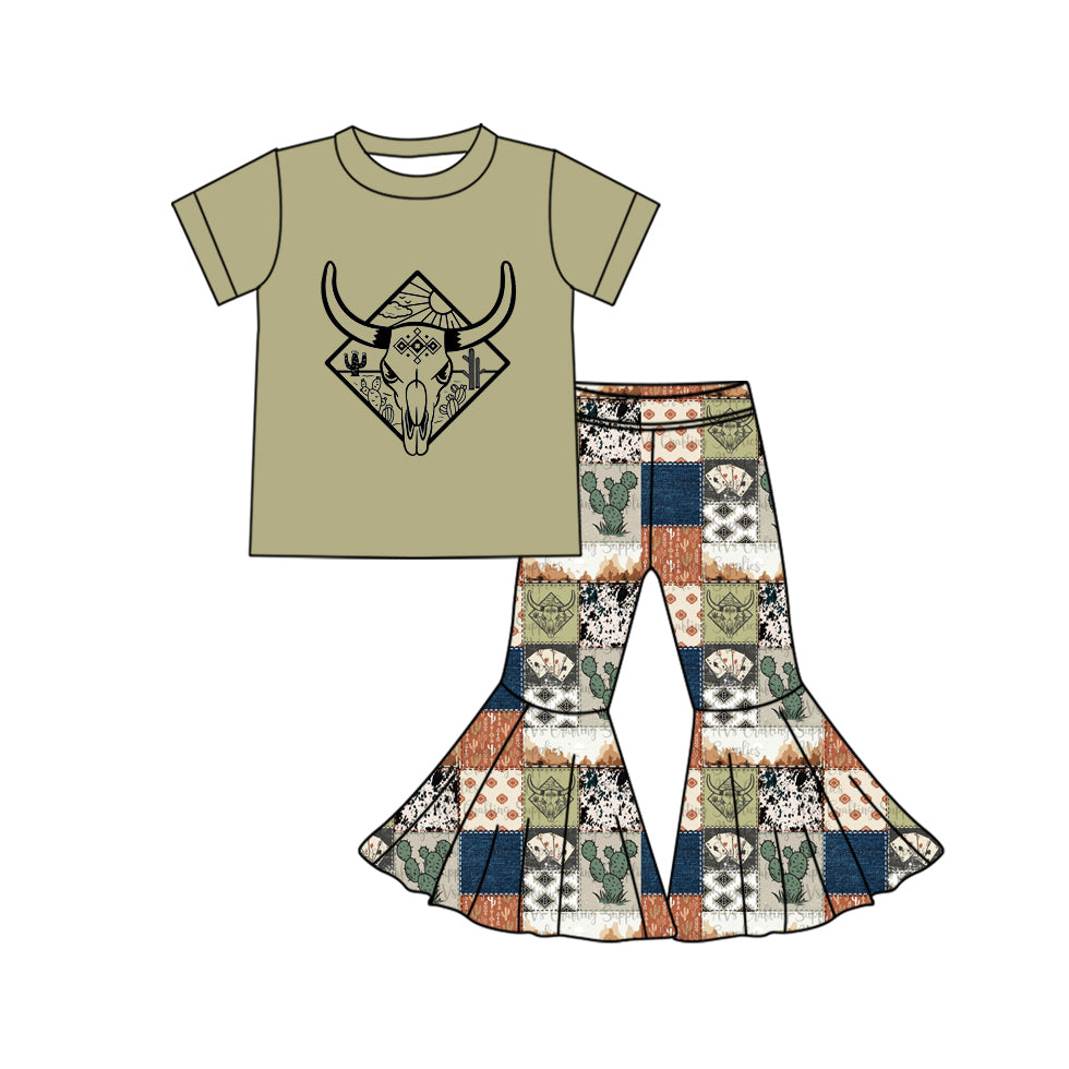 Baby Girls Western Cow Shirts Cactus Bell Pants Clothes Sets Preorder