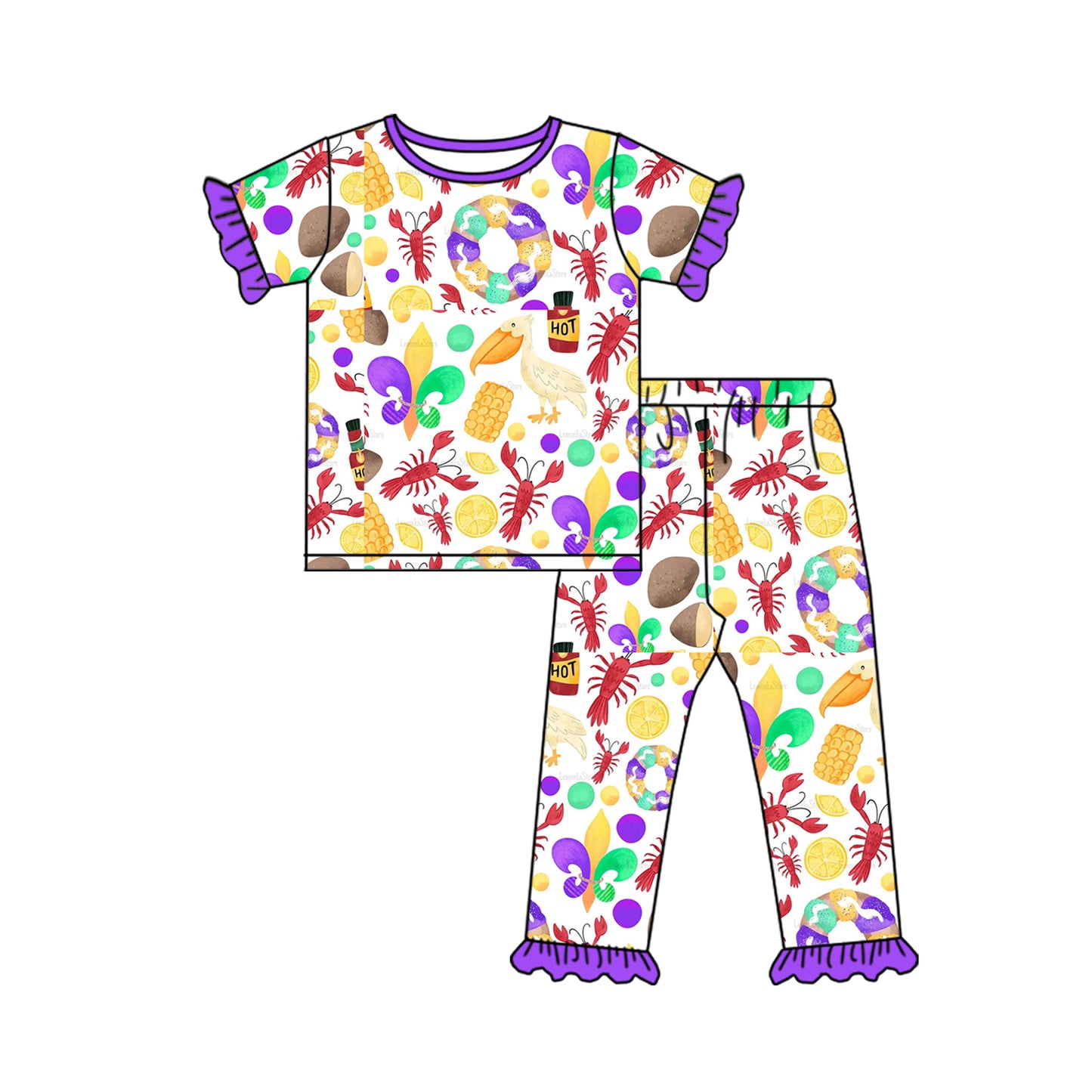 Baby Girls Mardi Gras Anchor Shirts Ruffle Pants Pajamas Clothes Sets Preorder