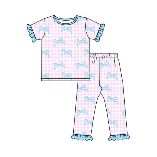 Baby Girls Pink Checkered Bows Top Pants Pajamas Clothes Sets Preorder