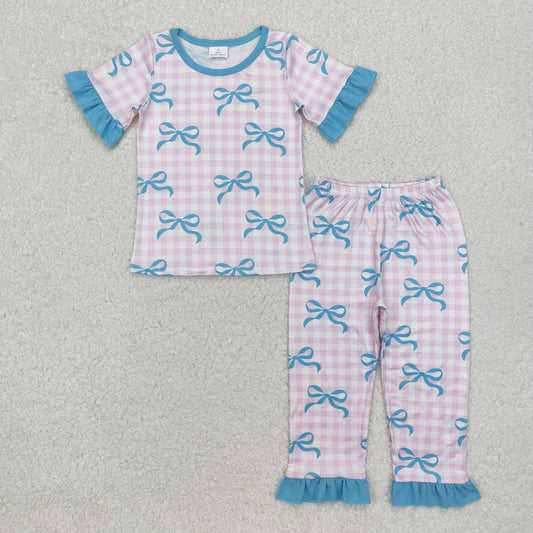 Sibling Baby Girls Pink Checkered Bows Rompers Pajamas Sets
