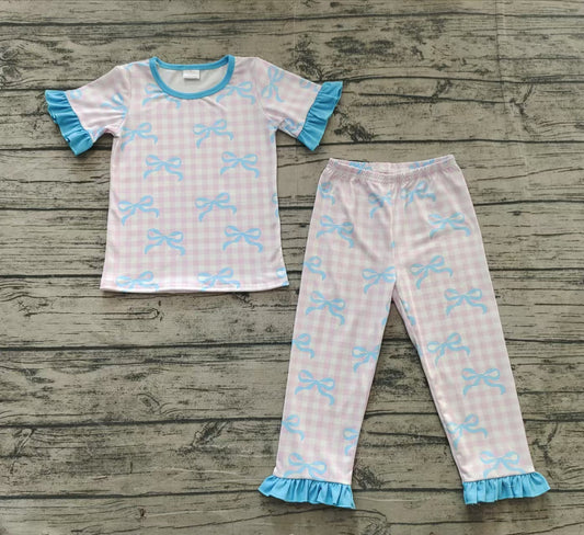 Baby Girls Pink Checkered Bows Top Pants Pajamas Clothes Sets