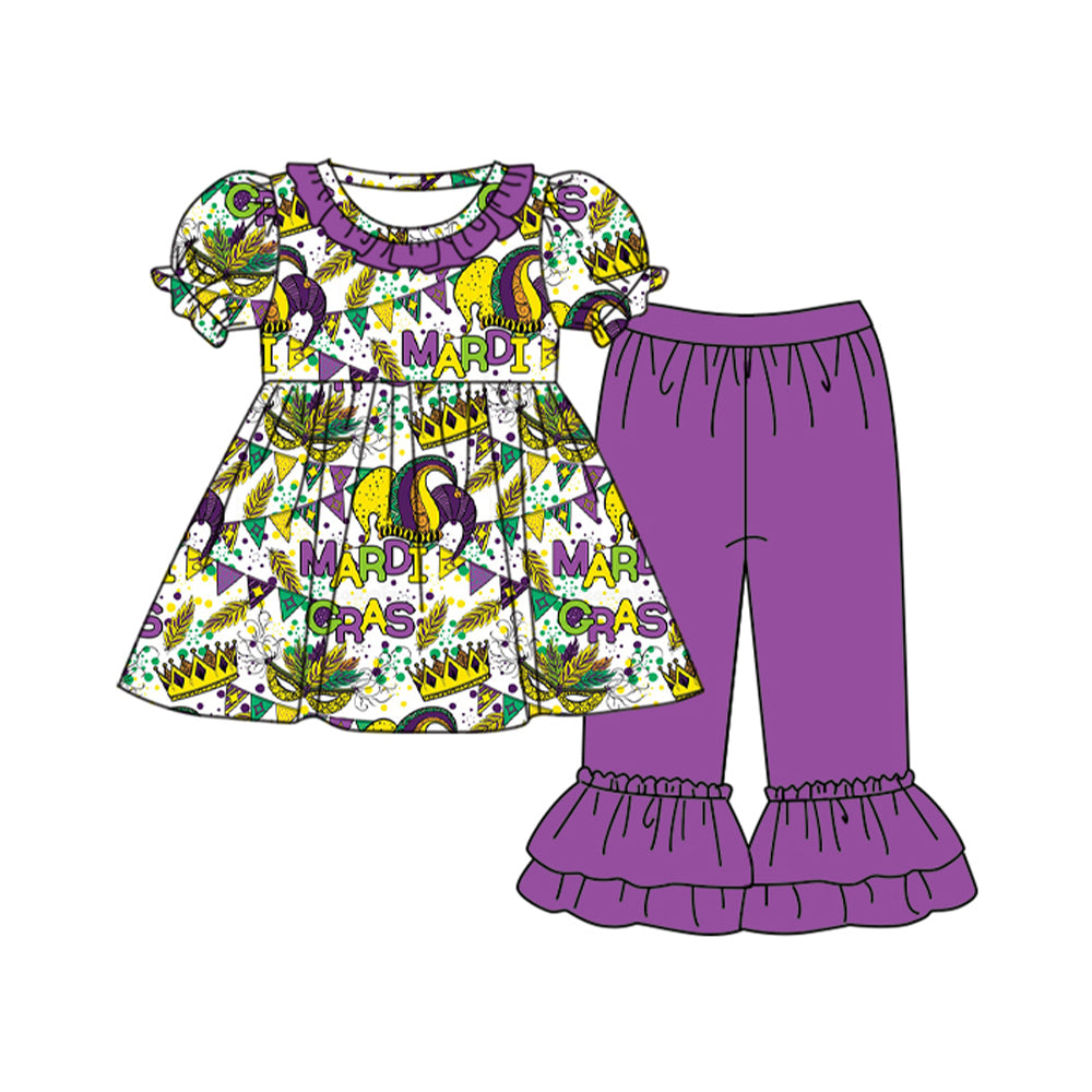 Baby Girls Mardi Gras Crown Tunic Top Ruffle Pants Clothes Sets Preorder