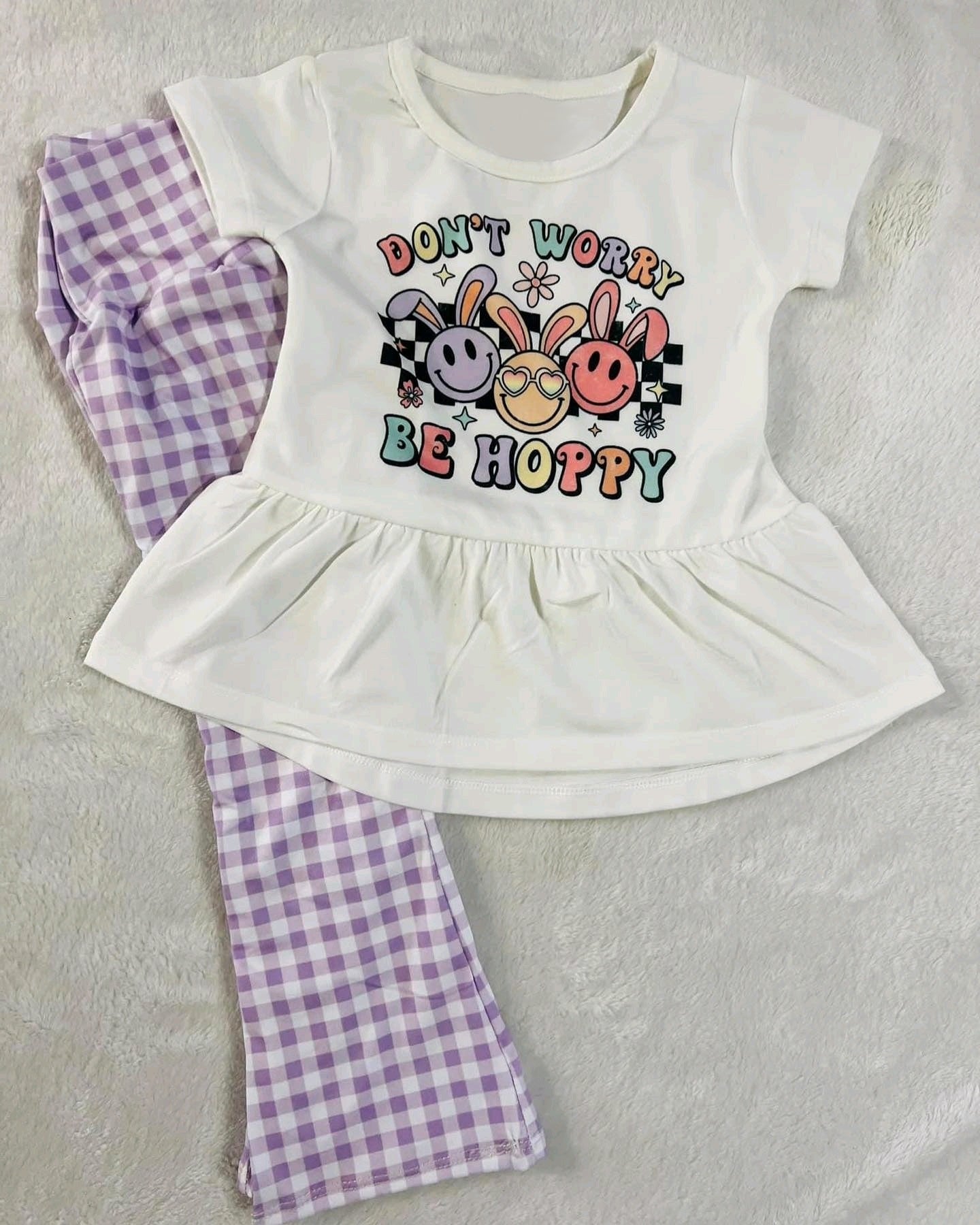 Baby Girls Hoppy Easter Rabbits Top Checkered Bell Pants Clothes Sets Preorder