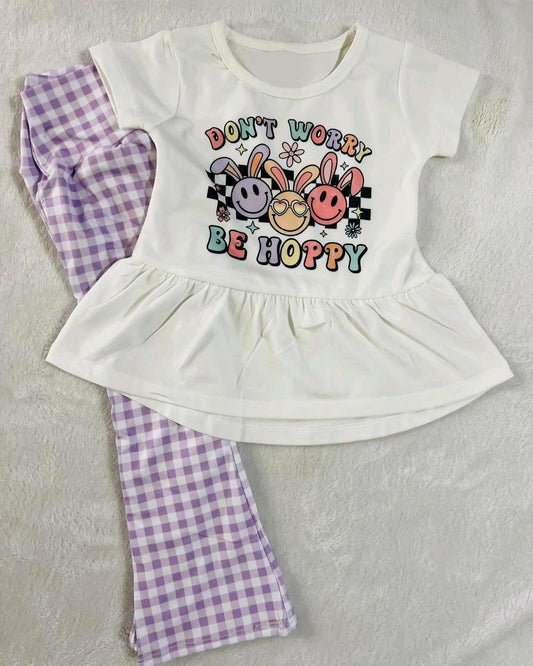 Baby Girls Hoppy Easter Rabbits Top Checkered Bell Pants Clothes Sets Preorder