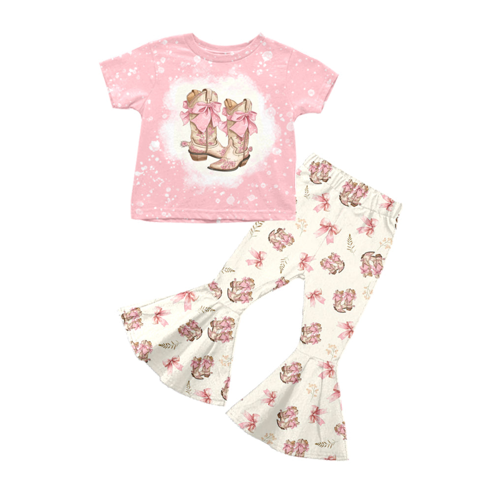 Baby Girls Pink Boots Bows Western Shirt Bell Pants Clothes Sets Preorder