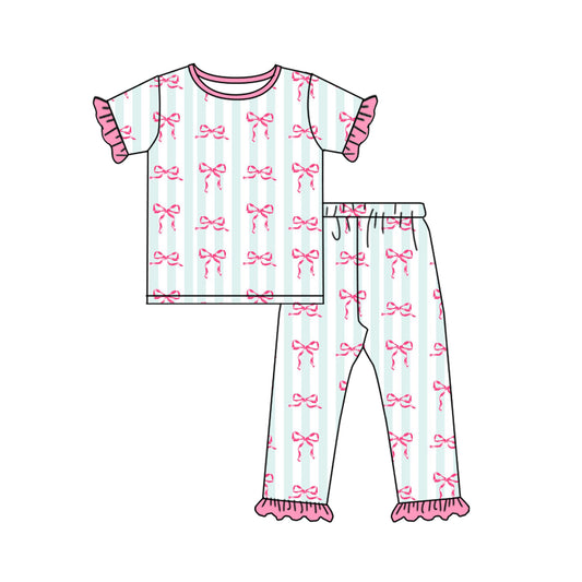 Baby Girls Green Stripes Bows Shirt Pants Pajamas Clothes Sets Preorder