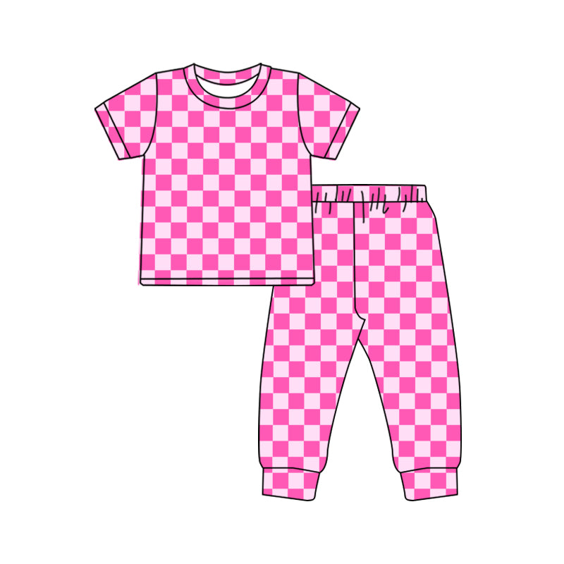 Baby Girls Pink Checkered Shirts Pants Pajamas Clothes Sets Preorder