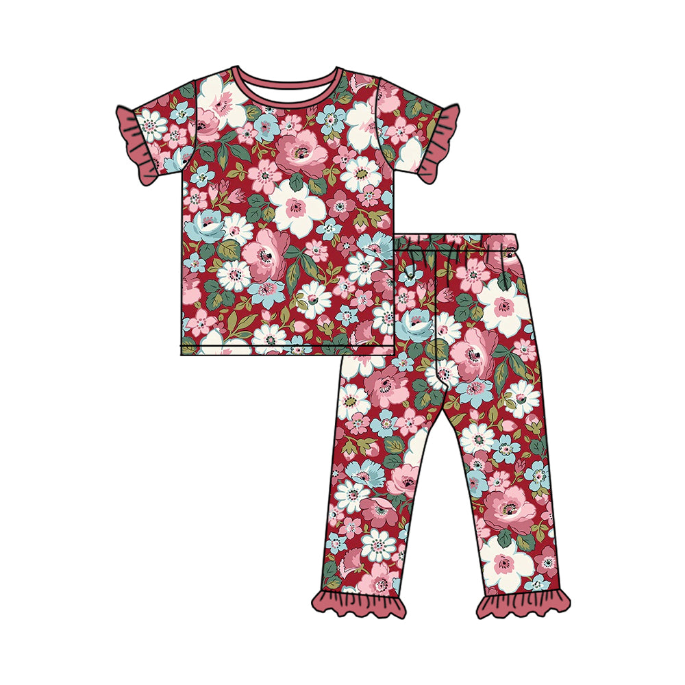 Baby Girls Wine Flowers Shirt Pants Pajamas Clothes Sets Preorder