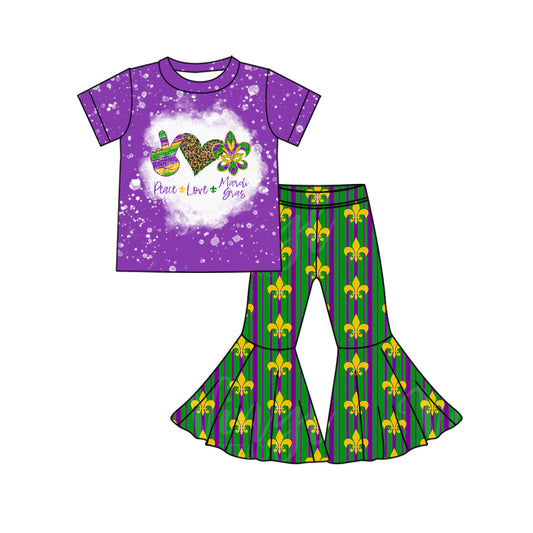 Baby Girls Peace Love Mardi Gras Shirt Bell Pants Clothes Sets Preorder