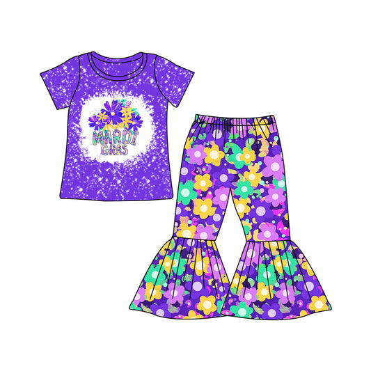 Baby Girls Mardi Gras Flowers Shirt Bell Pants Clothes Sets Preorder