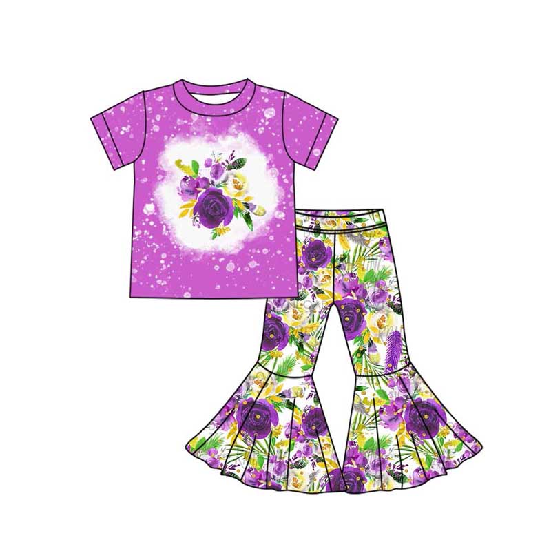 Baby Girls Mardi Gras Flowers Purple Shirt Bell Pants Clothes Sets Preorder