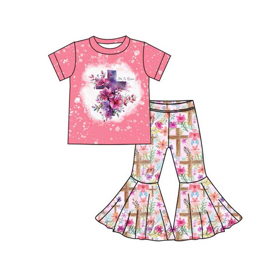 Baby Girls Easter Cross Flowers Shirt Bell Pants Clothes Sets Preorder