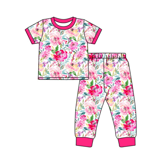 Baby Girls Pink Flowers Leaves Shirt Pants Pajamas Clothes Sets Preorder