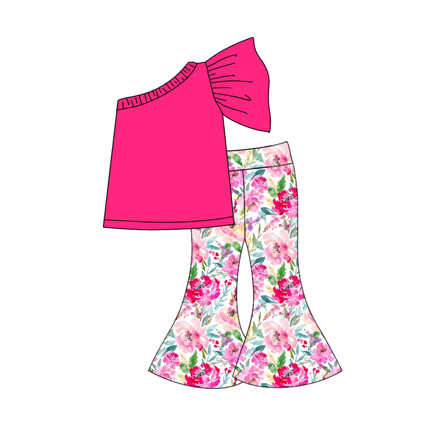 Baby Girls Hotpink One Shoulder Top Shirt Flowers Leaves Bell Pants Clothes Sets Preorder