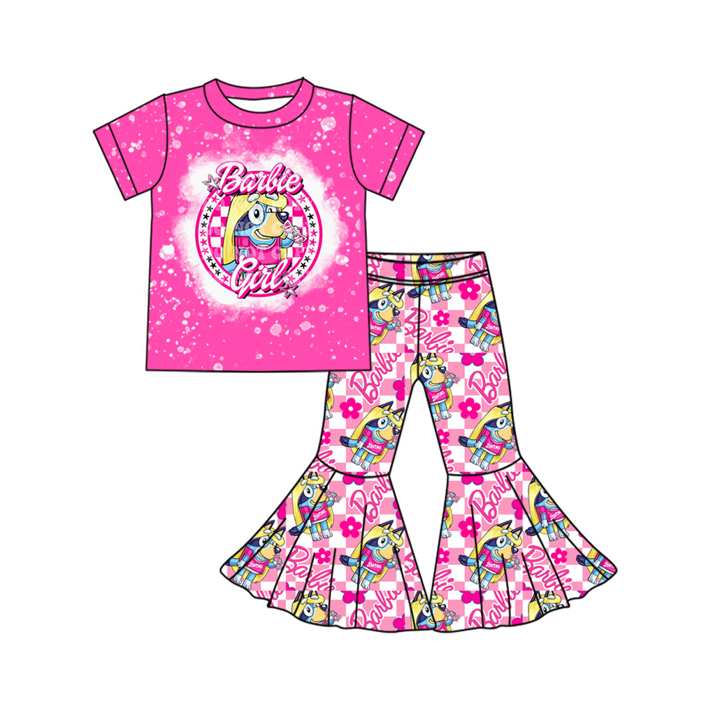 Baby Girls Pink Dog Doll Checkered Shirt Bell Pants Clothes Sets Preorder