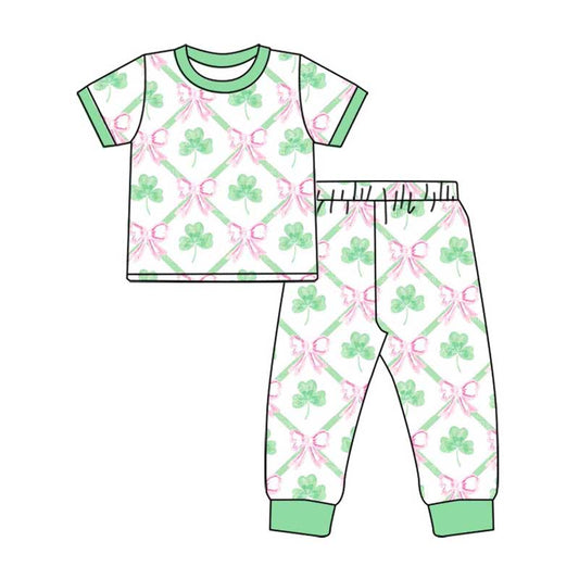 Baby Girls St Patrick Quatrefoil Bows Top Pants Pajamas Clothes Sets Preorder